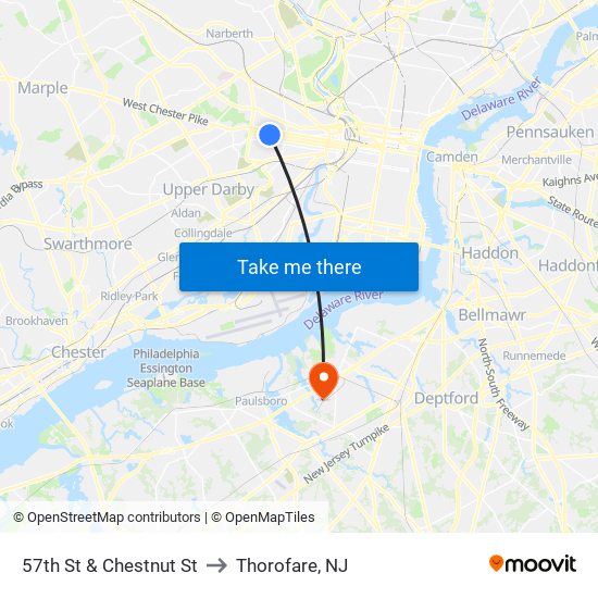 57th St & Chestnut St to Thorofare, NJ map