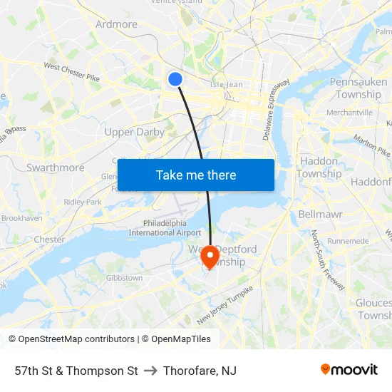 57th St & Thompson St to Thorofare, NJ map