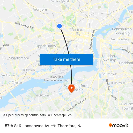 57th St & Lansdowne Av to Thorofare, NJ map