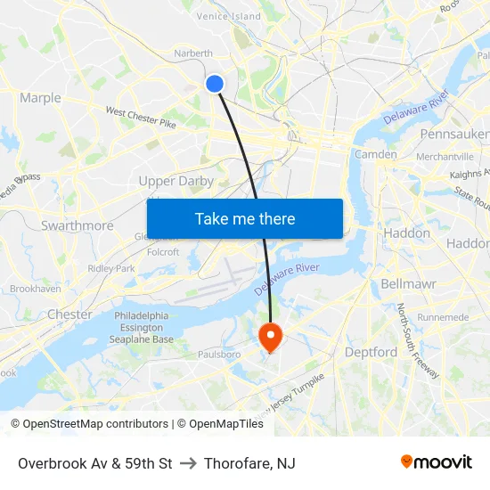 Overbrook Av & 59th St to Thorofare, NJ map