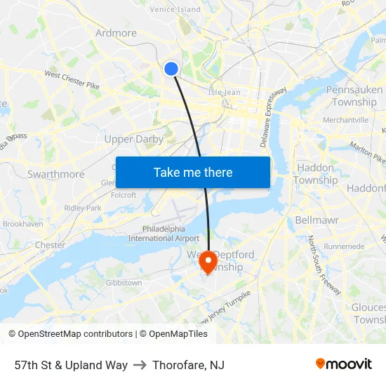 57th St & Upland Way to Thorofare, NJ map