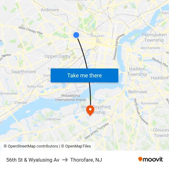 56th St & Wyalusing Av to Thorofare, NJ map
