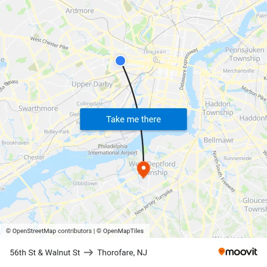 56th St & Walnut St to Thorofare, NJ map