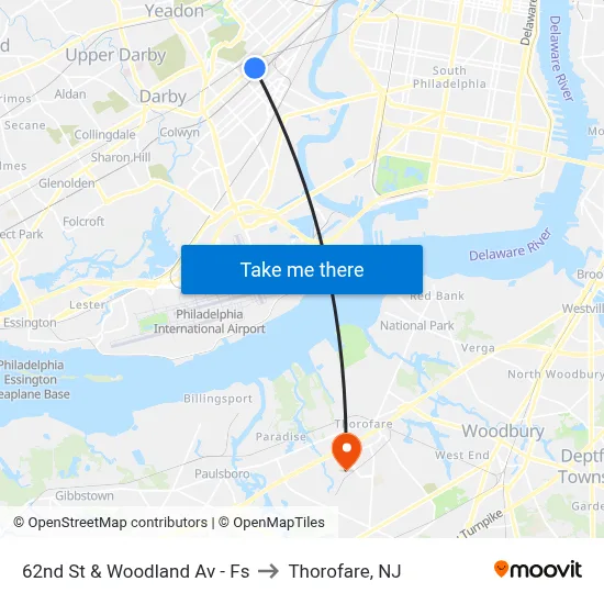 62nd St & Woodland Av - Fs to Thorofare, NJ map