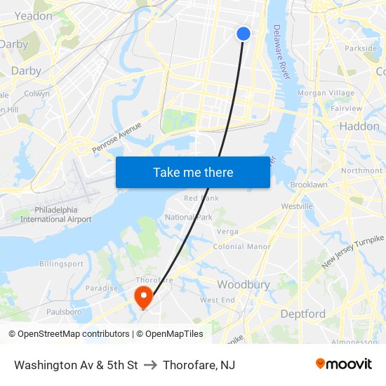 Washington Av & 5th St to Thorofare, NJ map