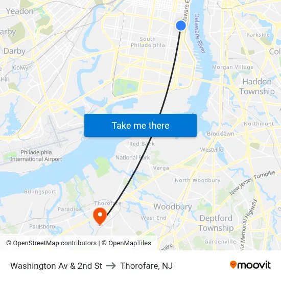 Washington Av & 2nd St to Thorofare, NJ map