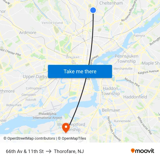66th Av & 11th St to Thorofare, NJ map
