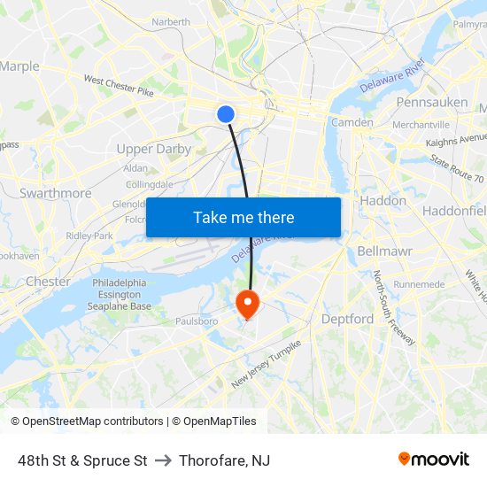 48th St & Spruce St to Thorofare, NJ map