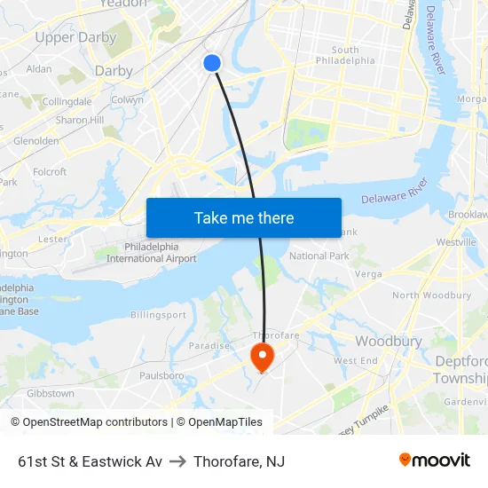 61st St & Eastwick Av to Thorofare, NJ map