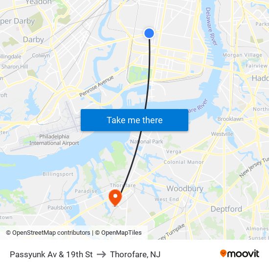 Passyunk Av & 19th St to Thorofare, NJ map