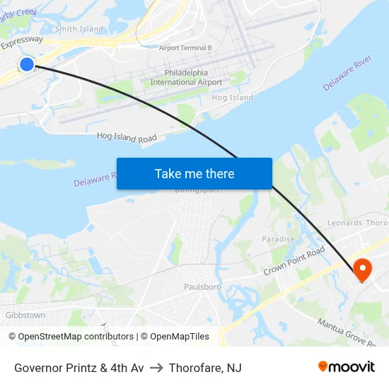 Governor Printz & 4th Av to Thorofare, NJ map