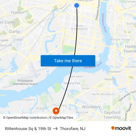 Rittenhouse Sq & 19th St to Thorofare, NJ map