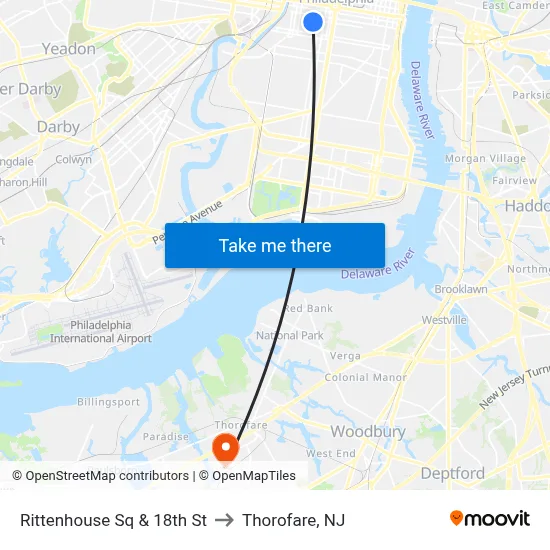 Rittenhouse Sq & 18th St to Thorofare, NJ map