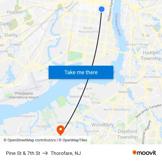 Pine St & 7th St to Thorofare, NJ map