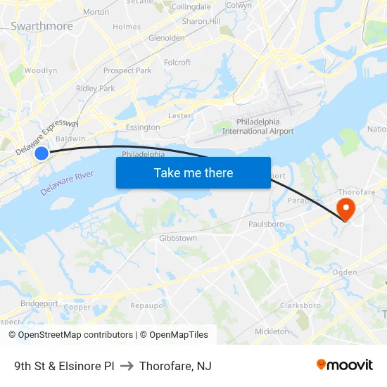 9th St & Elsinore Pl to Thorofare, NJ map