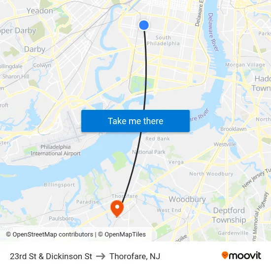 23rd St & Dickinson St to Thorofare, NJ map