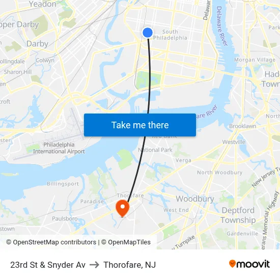23rd St & Snyder Av to Thorofare, NJ map
