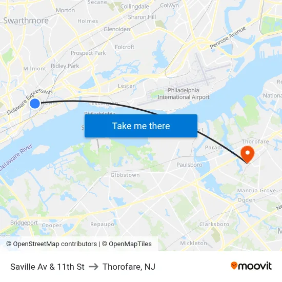 Saville Av & 11th St to Thorofare, NJ map