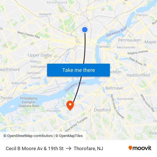 Cecil B Moore Av & 19th St to Thorofare, NJ map