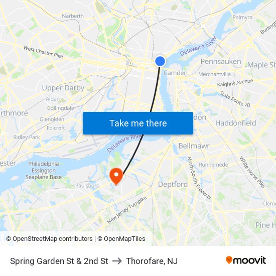 Spring Garden St & 2nd St to Thorofare, NJ map