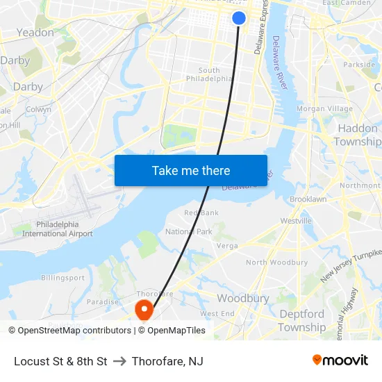 Locust St & 8th St to Thorofare, NJ map