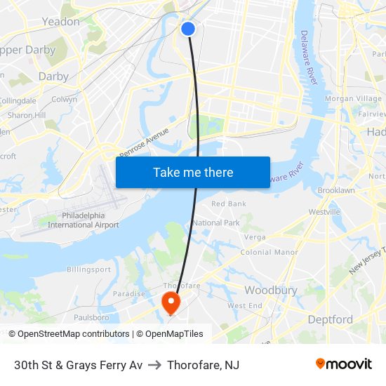 30th St & Grays Ferry Av to Thorofare, NJ map