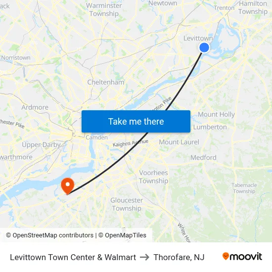 Levittown Town Center & Walmart to Thorofare, NJ map