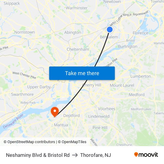 Neshaminy Blvd & Bristol Rd to Thorofare, NJ map