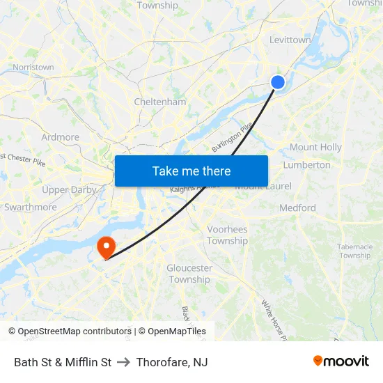 Bath St & Mifflin St to Thorofare, NJ map