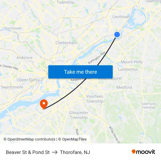 Beaver St & Pond St to Thorofare, NJ map