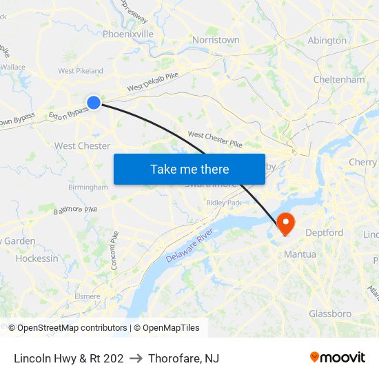 Lincoln Hwy & Rt 202 to Thorofare, NJ map