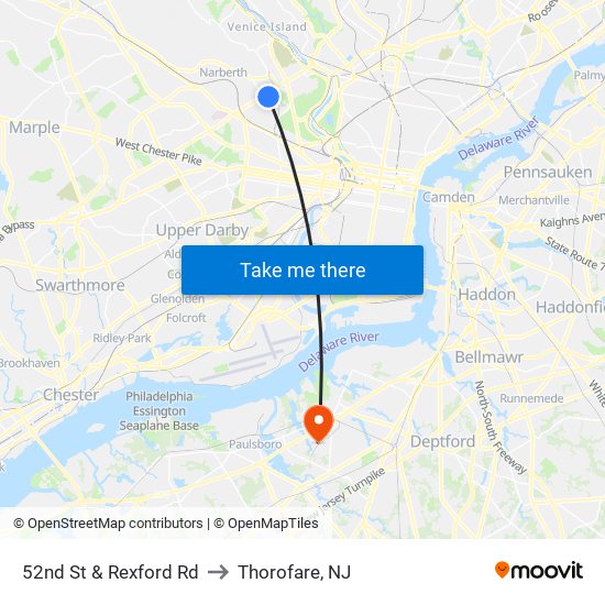 52nd St & Rexford Rd to Thorofare, NJ map