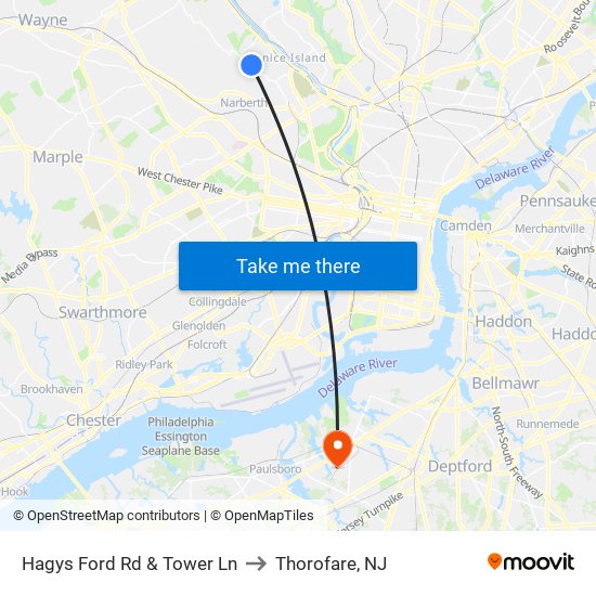 Hagys Ford Rd & Tower Ln to Thorofare, NJ map