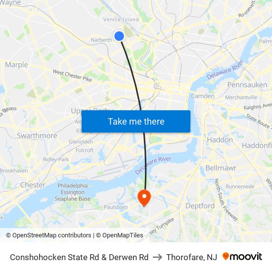Conshohocken State Rd & Derwen Rd to Thorofare, NJ map