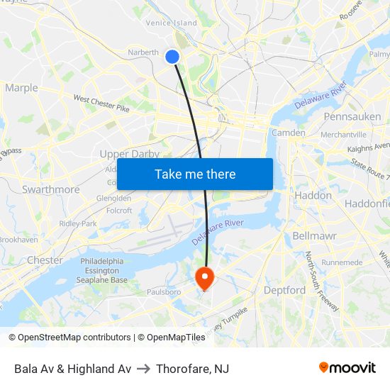 Bala Av & Highland Av to Thorofare, NJ map