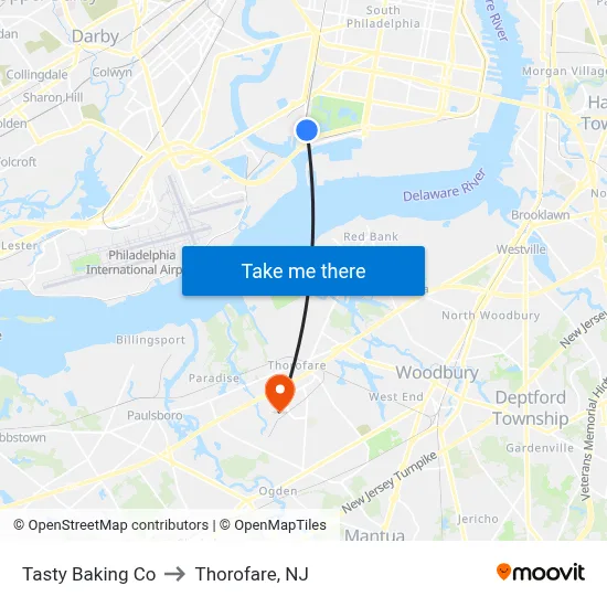 Tasty Baking Co to Thorofare, NJ map