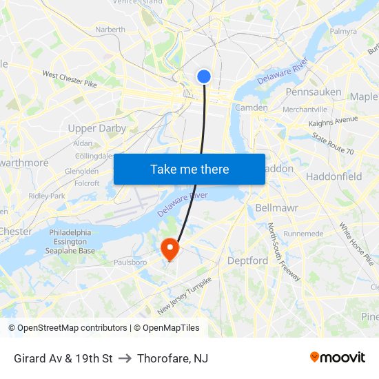 Girard Av & 19th St to Thorofare, NJ map