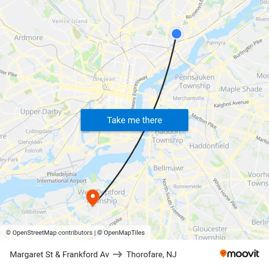 Margaret St & Frankford Av to Thorofare, NJ map