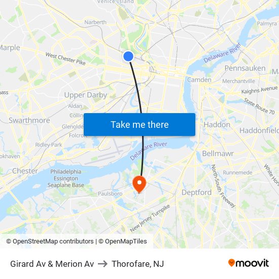 Girard Av & Merion Av to Thorofare, NJ map