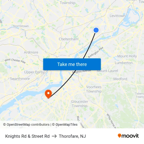Knights Rd & Street Rd to Thorofare, NJ map