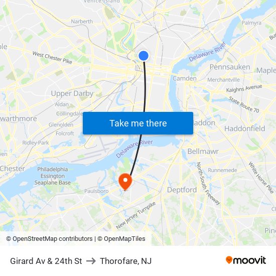 Girard Av & 24th St to Thorofare, NJ map