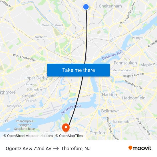 Ogontz Av & 72nd Av to Thorofare, NJ map