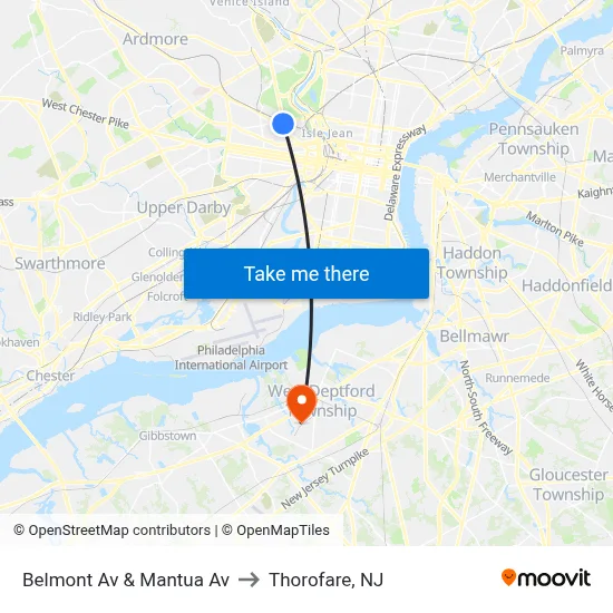 Belmont Av & Mantua Av to Thorofare, NJ map