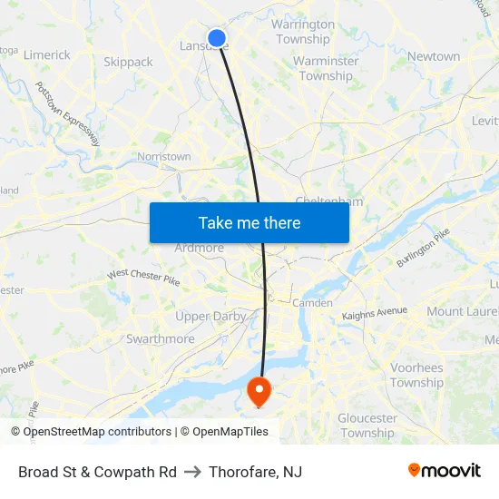 Broad St & Cowpath Rd to Thorofare, NJ map