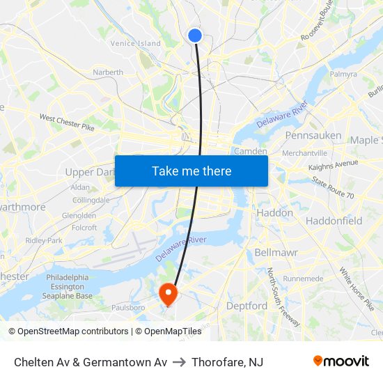 Chelten Av & Germantown Av to Thorofare, NJ map