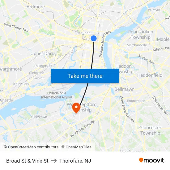 Broad St & Vine St to Thorofare, NJ map