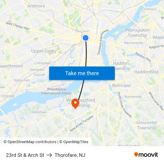 23rd St & Arch St to Thorofare, NJ map