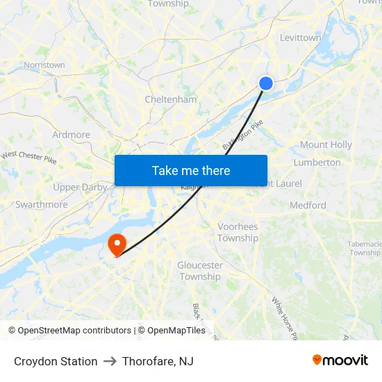 Croydon Station to Thorofare, NJ map