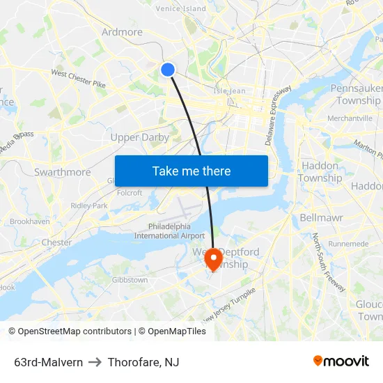 63rd-Malvern to Thorofare, NJ map
