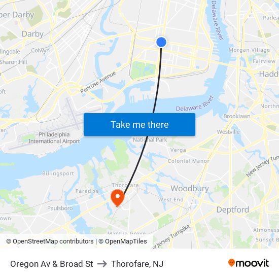 Oregon Av & Broad St to Thorofare, NJ map